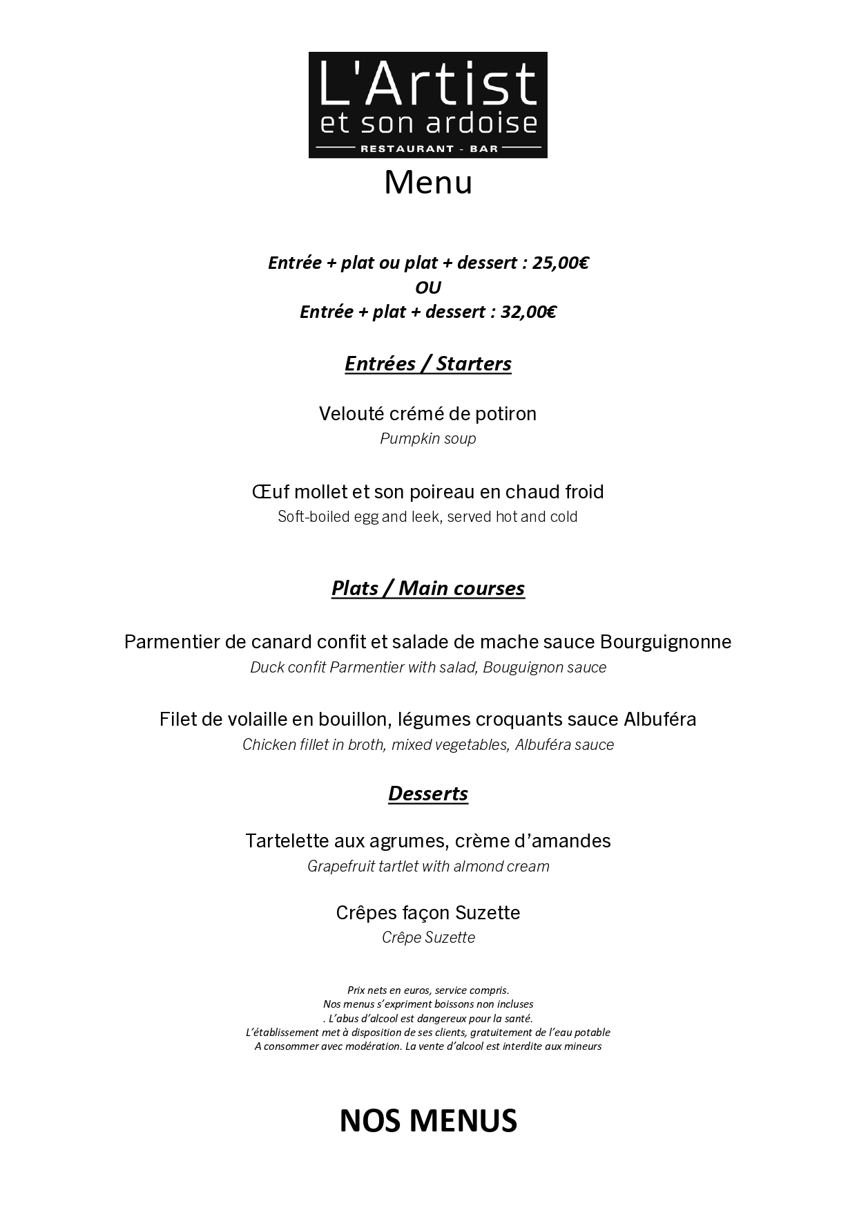 Carte du restaurant avec terrasse à Bougival